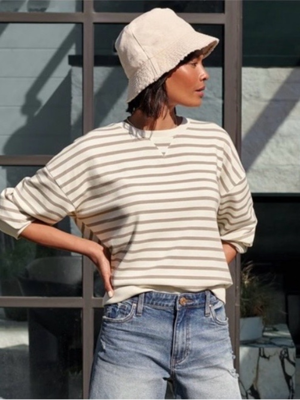 SPANX Air Essentials Lightweight Crew Neck Pullover Sweatshirt Striped